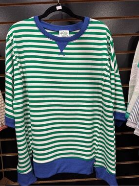 Eve Green & White Striped Crewneck with Blue Trim